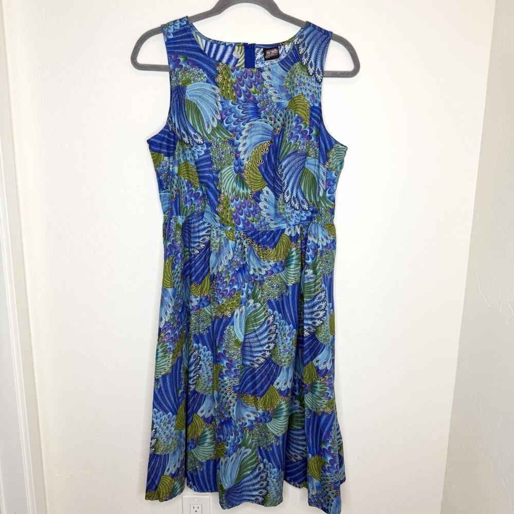 Retrolicioud Dress Womens Plus 3X Peacock Print Fit & Flare Blue Purple